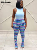 Huibaolu Streetwear Rainbow Striped Knit Ribbed Ruched Flare Legging Pants INS Active Sport Stretch High Waist Stacked Trousers