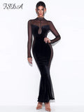 Huibaolu Sexy Mesh Velvet Maxi Elegant Dress Party Long Sleeve See Through 2023 Autumn Bodycon Dresses Black Evening