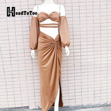 huibaolu Long Sleeve Strapless Hallow Out Tops &amp; Sexy Slit Maxi Skirts Set Women Two Piece Set