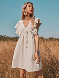 Huibaolu V-neck Button A-line Dress Solid High Street Ruffled Sleeveless Mini Dresses Casual High Waist Holiday Beach Dresses A1173