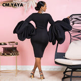 Huibaolu Vintage Women Ruffles Flare Long Sleeve Black Bodycon Pencil Midi Dress 2023 Club Vestidos Sexy Party Evening Dresses