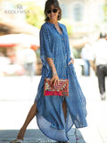 Huibaolu Causal Striped V-neck Button Front Open Summer Beach Dress Blue Tunic Women Plus Size Clothes Maxi Dresses Q1097