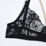 Huibaolu Lingerie Luxury Lace Female Underwear Sexy Transparent Bra Panty Sets With Chain Fancy See Through Exotic Sets 4-Piece