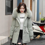 Huibaolu Women Parka Fashion Long Coat Winter Thick Warm Hooded Jacket Fur Collar Snow Wear Padded Wool Liner Casual Belt Slim Clothes