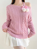 Huibaolu Aesthetic Furball Bow Lace Up Pink Sweater Kawaii Loose Twist Knitted Pullover Lolita Japanese Style Jumper Fairycore