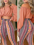 huibaolu Shoulder Ruched Crop Tops &amp; Tribal Print Pants Set Women Two Piece Set Outfits