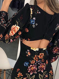 huibaolu Women Cutout Back Bishop Sleeve Floral Bodycon Dress Ladies Printed Summer Holiday Skinny Mini Dress Robe De Femme Streetwear