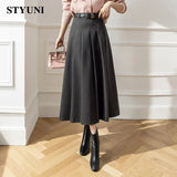 Huibaolu Solid Pleated Folds High Waist With Belt Women's Skirt Korean Fashion Mid-Calf Long Skirts For Women Autumn Winter 2023