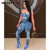 Huibaolu Women Cut Out Fake Jeans Print Jumpsuit Sexy Sleeveless Skinny Active One piece Overall Bodycon Romper Outfit Playsuit