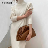 Huibaolu Solid Chic Turtleneck Knitted Long Sleeve Loose Women's Dress Sweater Korean Fashion Mid-Calf Dresses Autumn Winter 2023