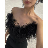 Huibaolu Sexy Party Bodycon Dresses for Women 2023 Fashion Off the Shoulder Backless Black Dress Fur Collar Elegant Evening Dress