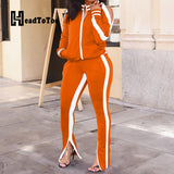 huibaolu Shoulder Colorblock Zipper Design Top &amp; Striped Tape Pants Set Spring Autumn Casual Sporty Women Two Piece Outfits