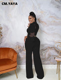 Huibaolu Elegant Women Mesh Patchwork Irregular Sleeve High Waist Straight Jumpsuit Party INS Overall Wide Leg Straight Playsuit