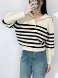 Huibaolu Women's Striped Sweater Zip Thick Fall Loose Turtleneck Knit Jumper Turn-down Collar Casual Oversize Fashion Women Sweaters 2023