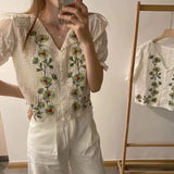 Huibaolu Knitted Women Blouses Chic V-neck Floral Embroidery Women Shirt Short Sleeve Vintage Blouse Cotton Linen Tops Blusa 20612