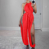 huibaolu Sleeveless Side Slit Halter Rompers Women Jumpsuits Solid Slim Party One Piece Overalls Clubwear