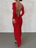 Huibaolu Maxi Dress Elegant Red Long Sleeve Sexy Ruched Bodyocn Evening Party Dress for Women 2023 Spring Slim Christmas Outfits