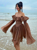 Huibaolu Elegant Chiffon Corset Dress Brown Flare Long Sleeve Mini Dresses Vacation Short Party Dress Ruffles Slash Neck Outfit