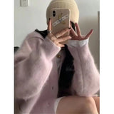 Huibaolu Cashmere Pink Cardigan Women Autumn Winter Vintage Sweater Single Breasted Knitted V-neck Oversized Coat Gentle Mohair O405
