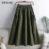 Huibaolu Lace up Elastic High Waist Solid Casual A-line Women's Skirt Korean Fashion Mid-Calf Skirts For Women 2023 Summer