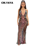 Huibaolu Women Sequin Paisley Patchwork Mesh Backless Deep V-neck Bodycon Mermaid Maxi Dress Sexy Night Party Pencil Long Dresses