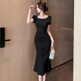 Huibaolu Slash Neck Solid Sweater Dress Sexy Summer Women Slim Elastic Mermaid Long Dress Streetwear Knitted Bodycon Dress P506