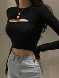 Huibaolu Basic Solid Color Chest Hollow Out Cami And T-shirt Two Pieces Women Casual Fitness Long Sleeve Crop Top Korean Iamhotty