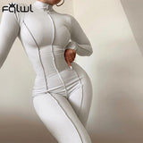 Huibaolu Fall Ribbed Black Jumpsuit Women Turtleneck Long Sleeve Jumpsuit White Bodycon Jumpsuit Winter One Piece Outfits Women