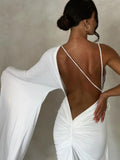 Huibaolu Maxi Dress y2k One Shoulder Deep V Backless Sexy Long Summer Dress White Elegant Party Evening Porm Dresses for Women 2023