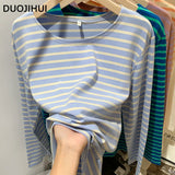 Huibaolu Classic Striped Loose Simple Casual Women T-shirts Korean New Basic O-neck Long Sleeves Fashion Autumn Female T-shirts