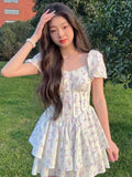 huibaolu Waist Dress Women Summer Floral Sweet Square Collar Puff Sleeve Princess Girlish Tender Elegant Korean Style Preppy Chic