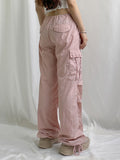 Huibaolu Bandage Elastic Waist Cargo Pants Pink Aesthetic Casual Sweatpants Straight Wide Leg Baggy Trousers 100% Cotton Outfit