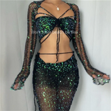 Huibaolu Sequins Knitted Hollow Out Long Sleeve Crop Top And Midi Bodycon Skirt Four Piece Set Summer Women Beach Outfits