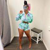 Huibaolu Wave Paisley Women Shorts Suit and Long Sleeve Shirt Top Street Blouses Tracksuit INS Two 2 Piece Set 2023 Summer Outfits