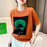 Huibaolu Tops Women Short Sleeve T Shirt Thin Ice Silk O Neck Tshirts Female Summer Casual Loose Woman Clothes Tees Shirt Femme