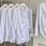 Huibaolu Chicly Irregular Summer White Loose Casual Female Shirt Basic Long Sleeve Simple Button Fashion Solid Color Women Shirt