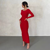 Huibaolu Maxi Dress Elegant Red Long Sleeve Sexy Ruched Bodyocn Evening Party Dress for Women 2023 Spring Slim Christmas Outfits