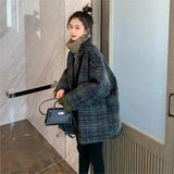 Huibaolu Women Winter Korean Woolen Plaid Jacket Tweed Vintage Loose Female Coat Slim Double Breasted Lapel Spliced Button Overcoat