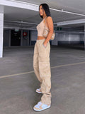 Huibaolu Khaki Wide Leg Cargo Jeans High Waist Big Pockets Baggy Denim Trousers Casual Oversized Pants Street Sweatpants Iamhotty