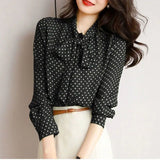 Huibaolu Dot Print Chiffon Vintage Elegant Loose Women's Blouse Shirt Korean Fashion Bow Long Sleeve Pullover Blouses Spring Summer