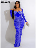 Huibaolu Hot Rhinestones Long Sleeve Party Dress Women Mesh Diamonds Strap Trumpet Maxi Dresses Sexy Evening Vestidos De Fiesta