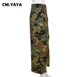 Huibaolu Elegant Women Fashion Camouflage High Side Slit Button Front Waist Pocket Side Slim Maxi Long Skirt