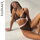 Huibaolu Plaid Lingerie Outfit Sheer Lace Seamless Underwear Set Women 2 Piece Transparent Intimate Patchwork Erotic Sets