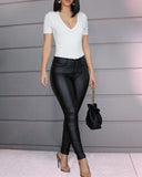 huibaolu Buttoned Casual Coated PU Pants Women Skinny Pencil Pants