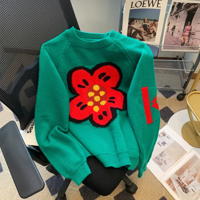 Huibaolu Jacquard Weave O-Neck Chic Long Sleeve Acrylic Knitted Women's Sweater Korean Fashion Pullover Sweaters Winter 2023