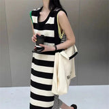 Huibaolu Striped Dresses 2023 Summer New Fashion Loose Waist Women Clothing Short Sleeve Patchwork Design Tank Vestidos Femme P734