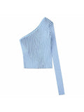 Huibaolu Women Asymmetrical Knitted Crop Sweater Tops Female Sexy One Shoulder Sweater Chic Ladies Pullover