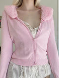 Huibaolu Coquette Aesthetic Pink Sweater Jacket with Fur Collar Cute Sweet Button Up Casual Basic Knitted Cardigan Soft Coat Y2K