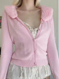 Huibaolu Coquette Aesthetic Pink Sweater Jacket with Fur Collar Cute Sweet Button Up Casual Basic Knitted Cardigan Soft Coat Y2K