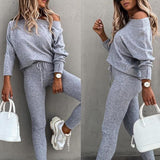 huibaolu 2023 Set Women 2 Pieces Solid Color Fashion Skew Shoulder Long Sleeve Loose Sports Trousers Long Tight Pants Tracksuit